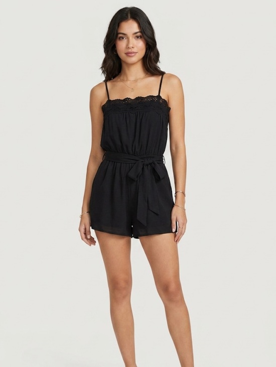 Olivaceous Pants - Oliviaceous Black Lace-Trim Tie-Waist Romper